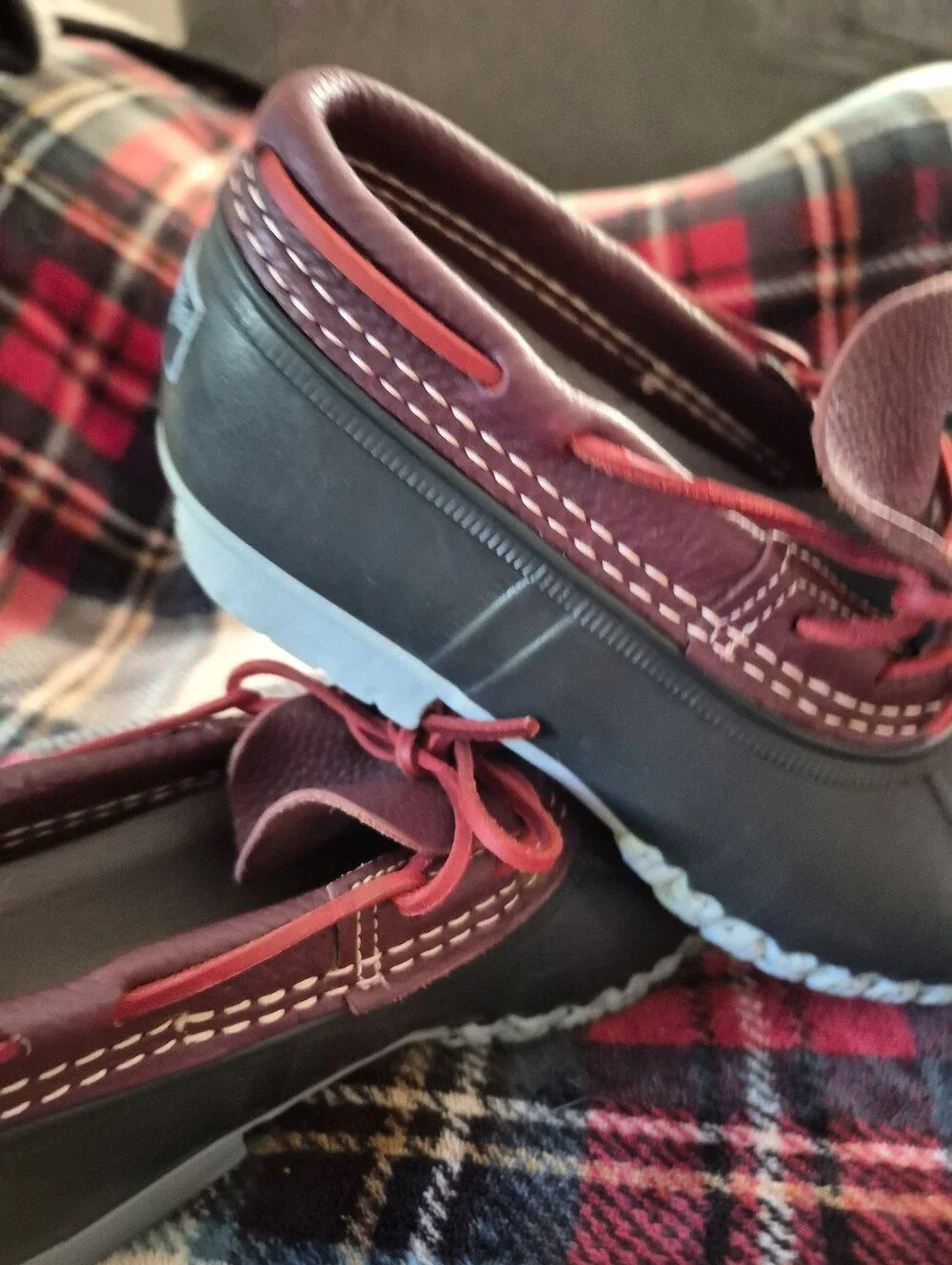 LL BEAN Made I Maine! Burgundy Leather & Black Rubber Duck Boots with Red Laces